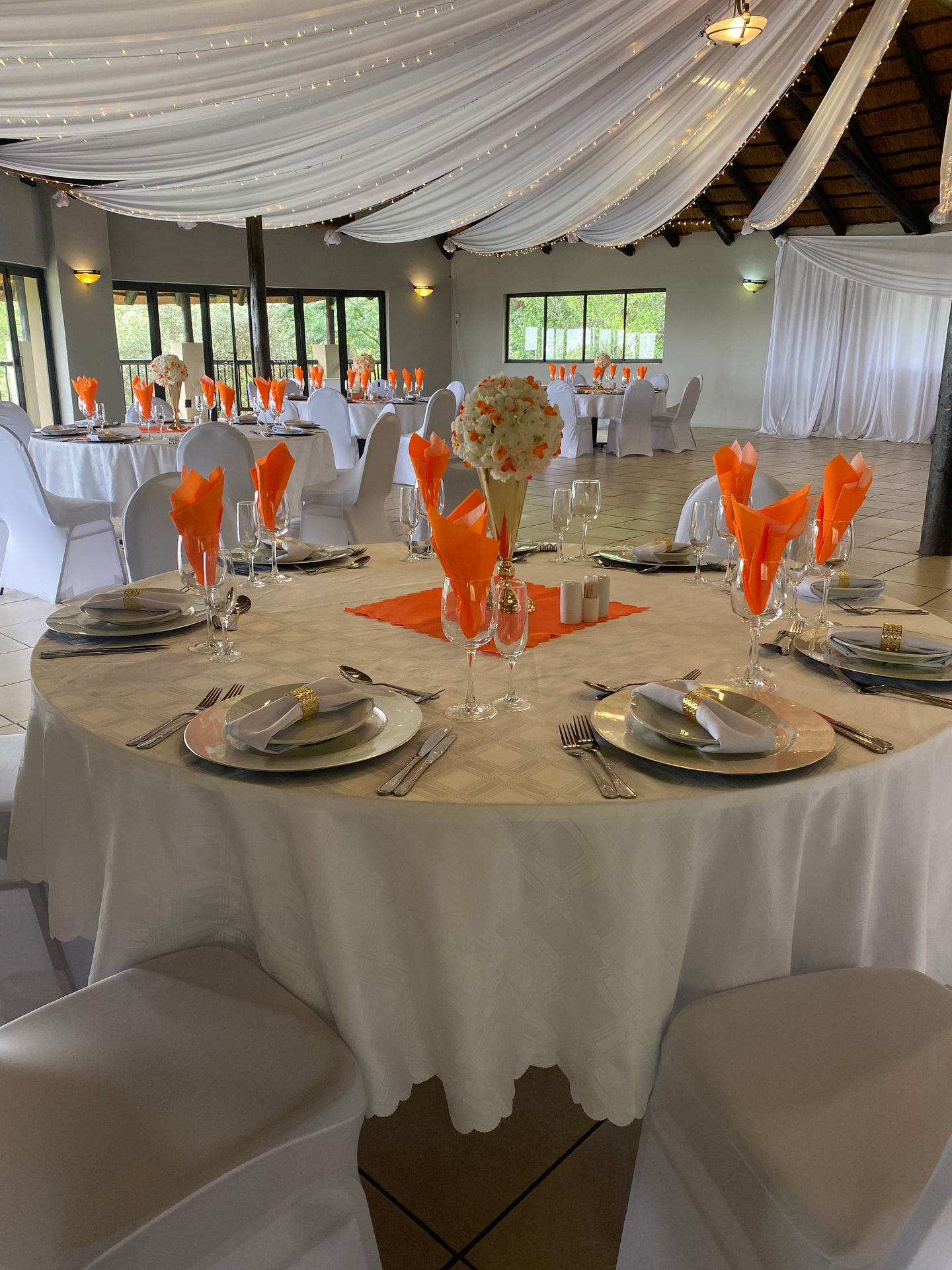 A banquet table prepared for a social celebration at Protea Ridge.